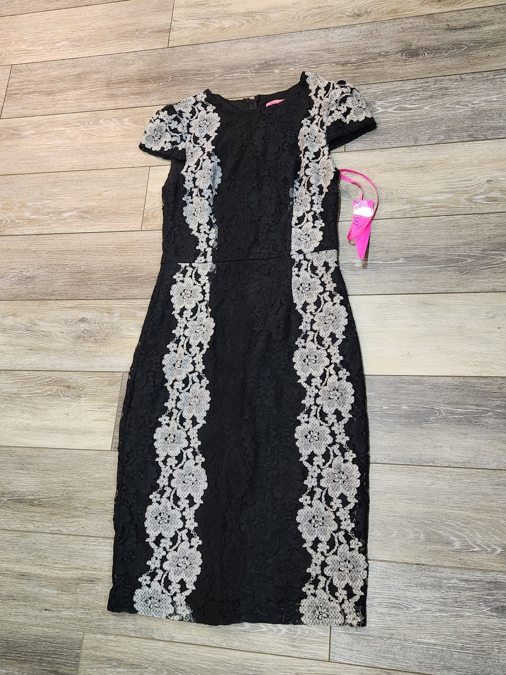 Black Lace Sheath Dress with Ivory Floral Trim